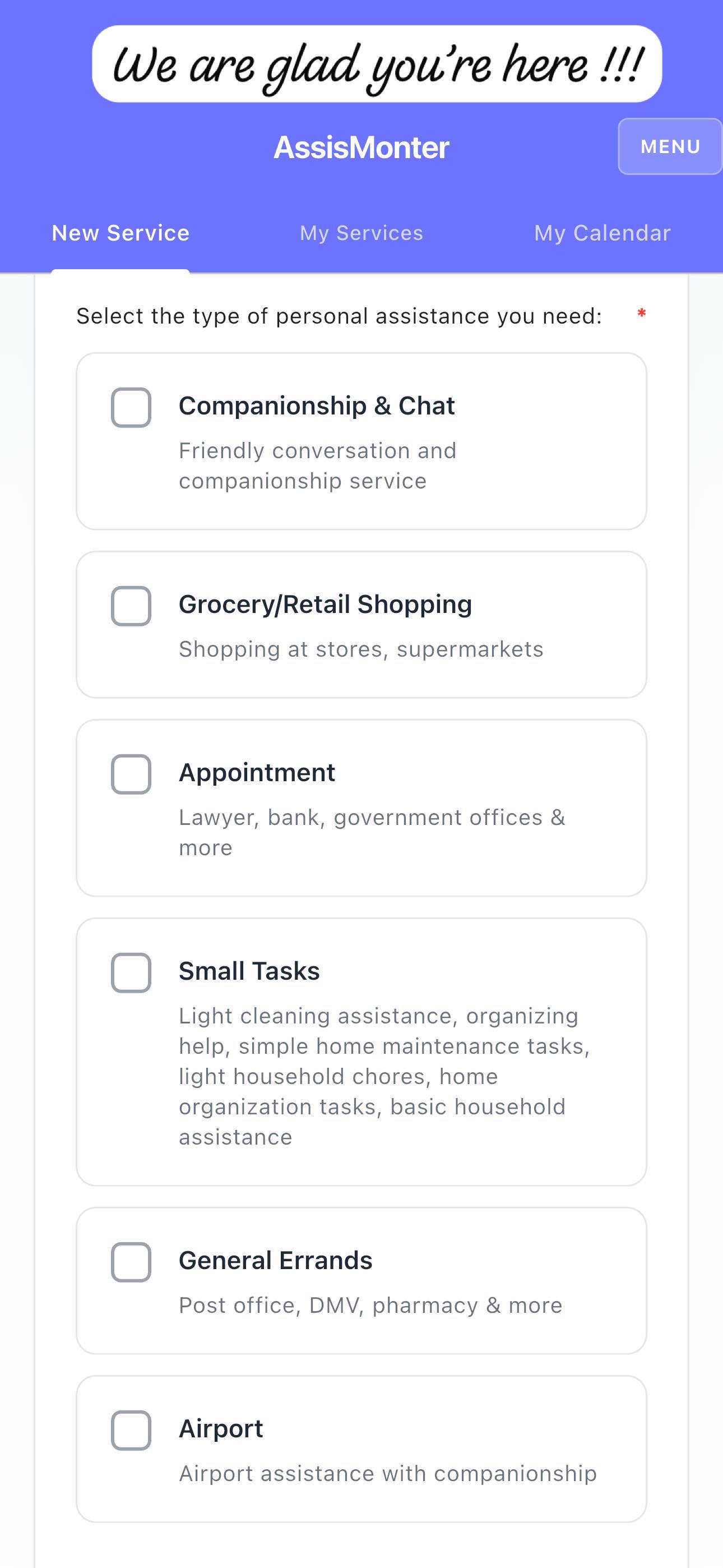 Service categories shown inside the AssisMonter app
